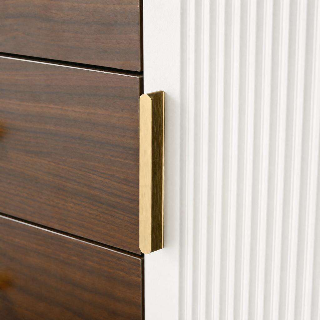 Luxury Style TV Cabinet, Lowboard, Brown Glass, MDF Carcass, Aluminum Handles, Rounded Edges, Vertical Groove Look