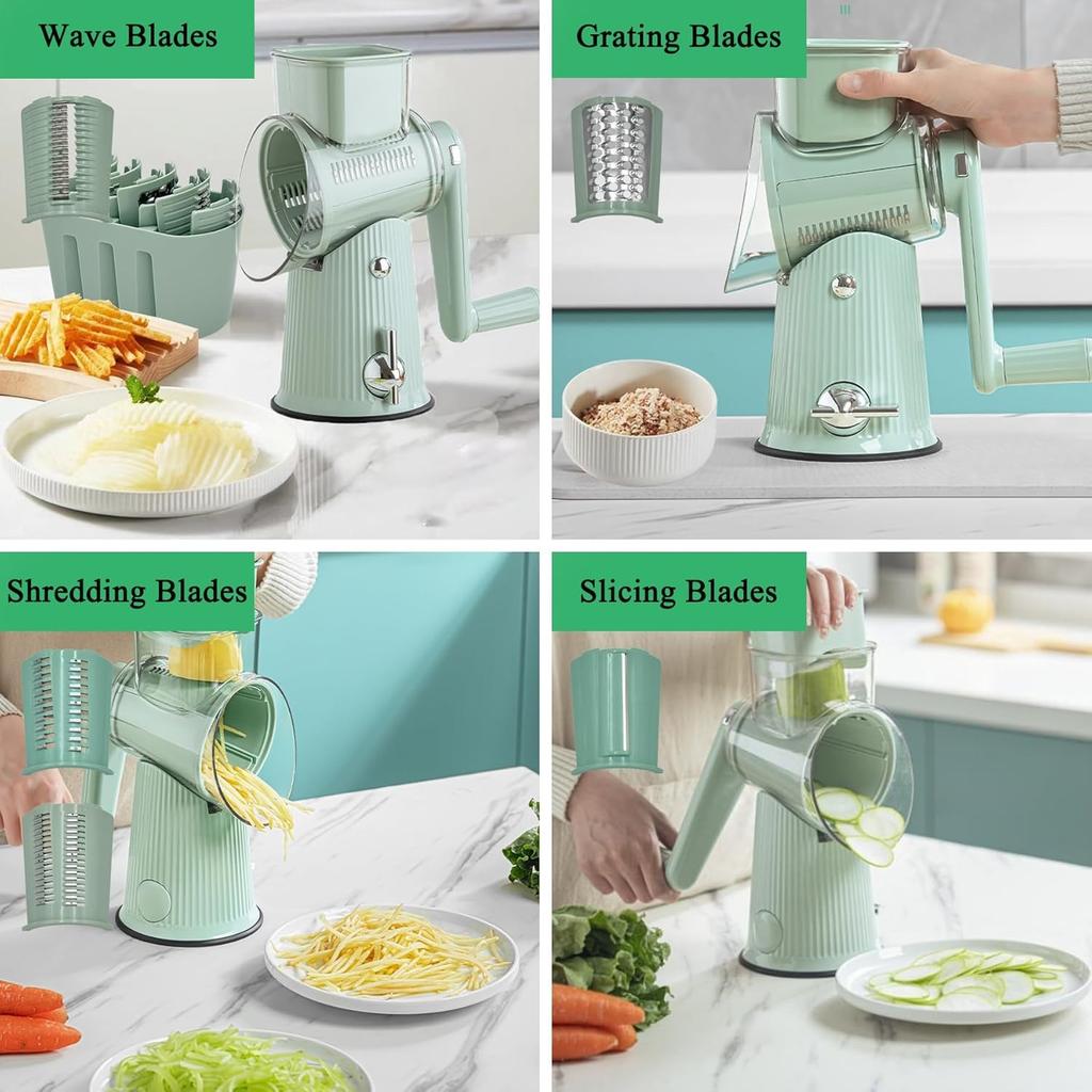 5-in-1 Rotary Cheese Grater Multifunctional Kitchen Mandoline Slicer with Handle & Strong Suction Base Replaceable Stainless Blades Cheese