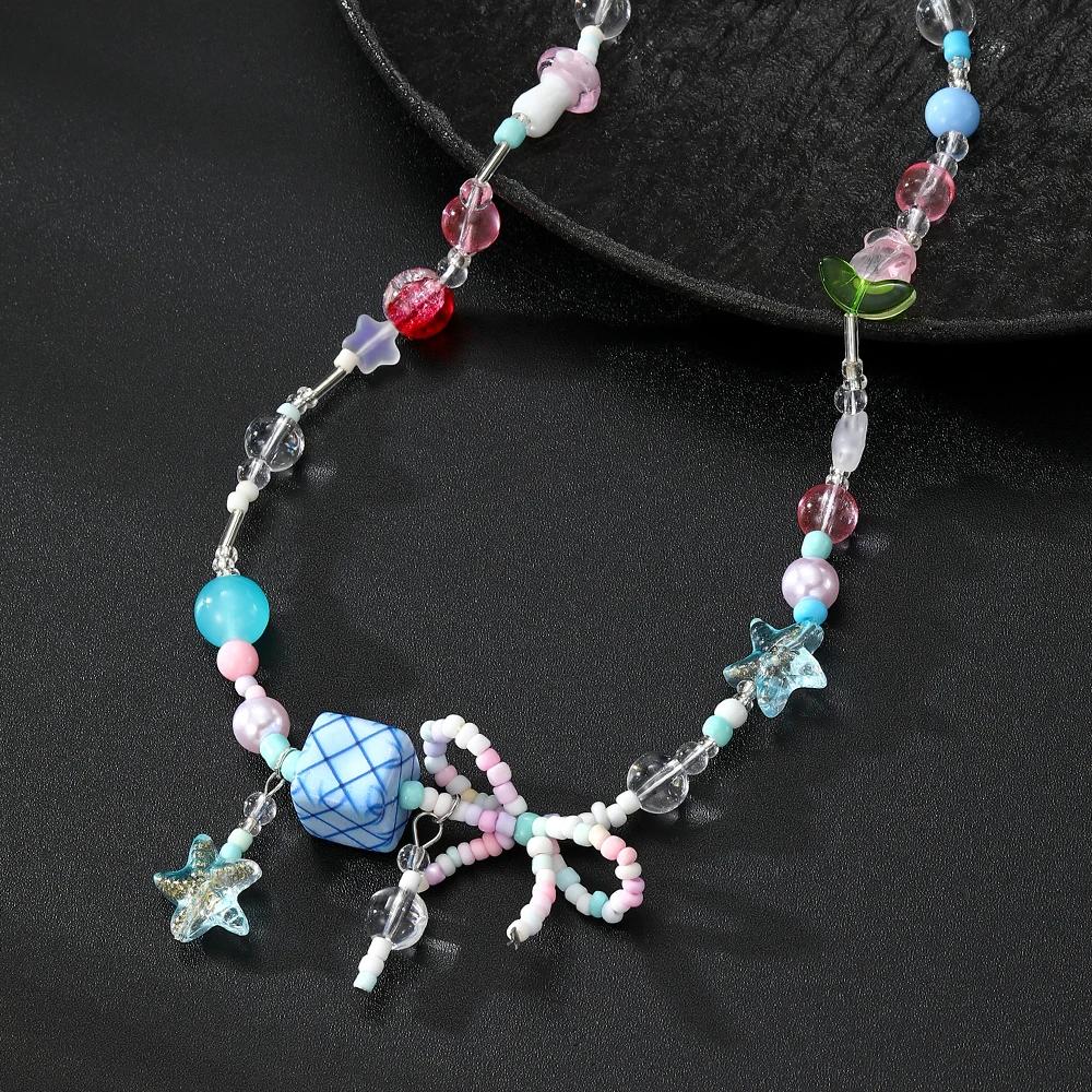 2026 Trendy Handmade Beaded Colorful acrylic Bowknot Star Pendant Necklace For Women Summer Y2k Sweet Aesthetic Neck Jewelry