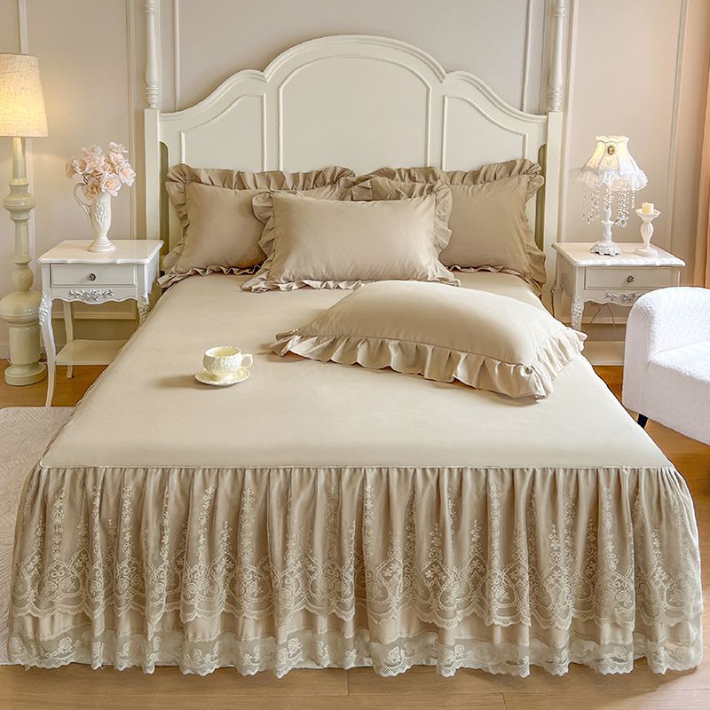 3pcs Solid Color Double-Layer Lace Embroidered Bed Skirt Kit with 1pc Bed Skirt + 2pcs Pillowcases Easy-to-Remove Mattress Protector Cover