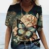 Flower Butterfly T-Shirts 3D Print Women V-Neck Short Sleeve T-Shirt Casual Breathable Loose Oversized Comfortable T-Shirt