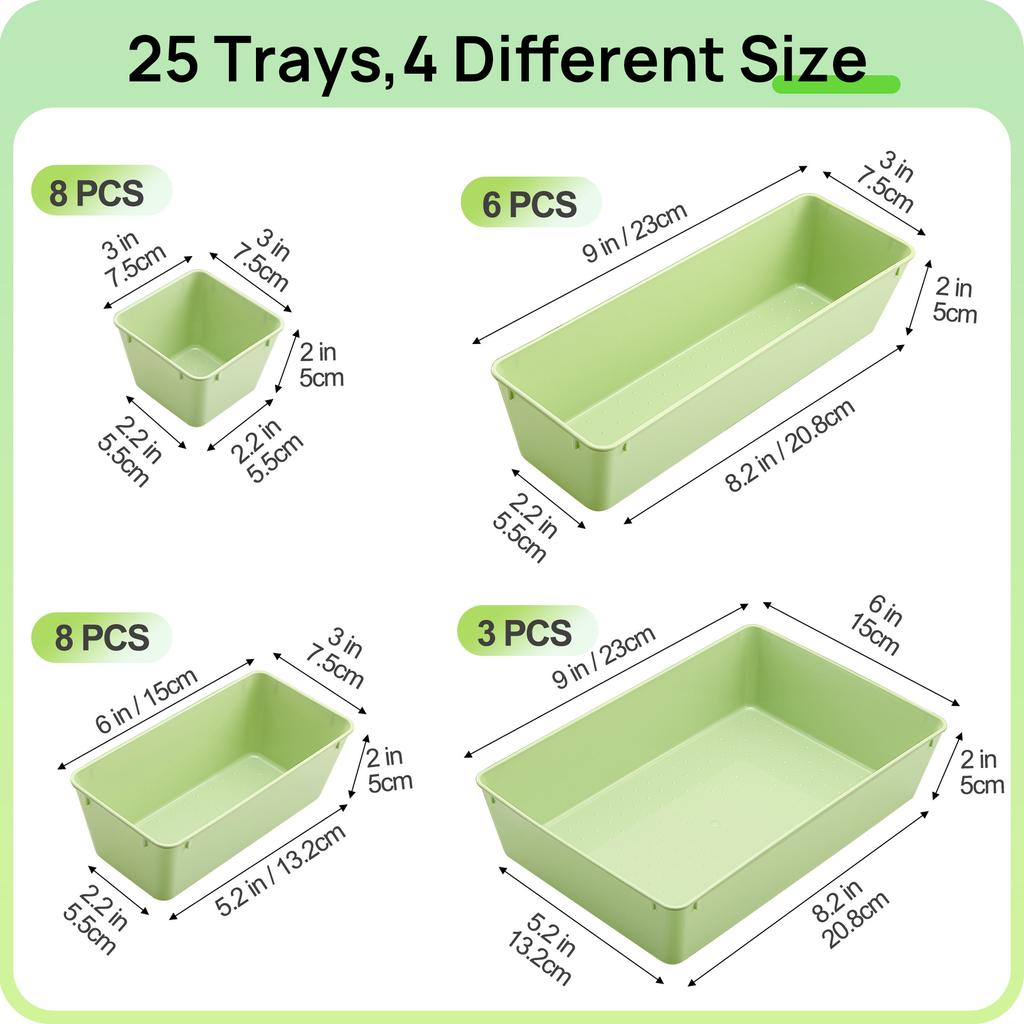 Colorful 25pcs Clear Plastic Drawer Organizer 4 Sizes Vanity Drawer Dividers Storage Separation Bins for Make Up Kitchen Utensils