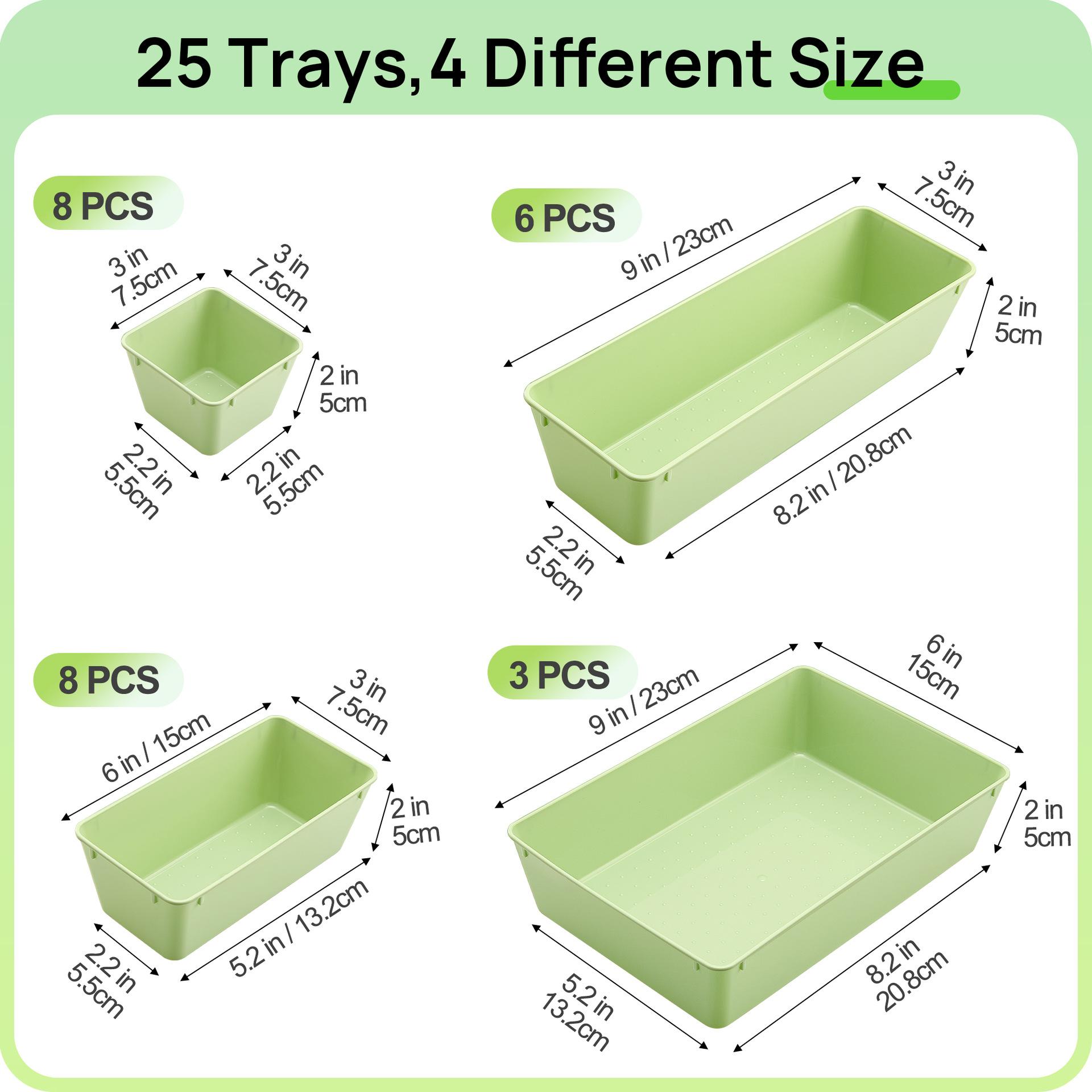 

Красочный набор из 25 прозрачных пластиковых органайзеров для ящиков 4 размеров, разделители для ящиков туалетного столика, контейнеры для хранения и разделения макияжа, кухонной утвари 25PCS/Set