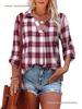 Cross-Season V-Neck Long Sleeve Women's Plaid Loose Fit Pullover Shirt
