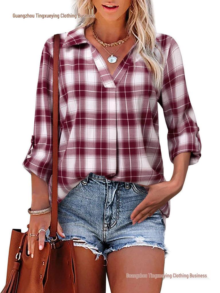 Cross-Season V-Neck Long Sleeve Women's Plaid Loose Fit Pullover Shirt