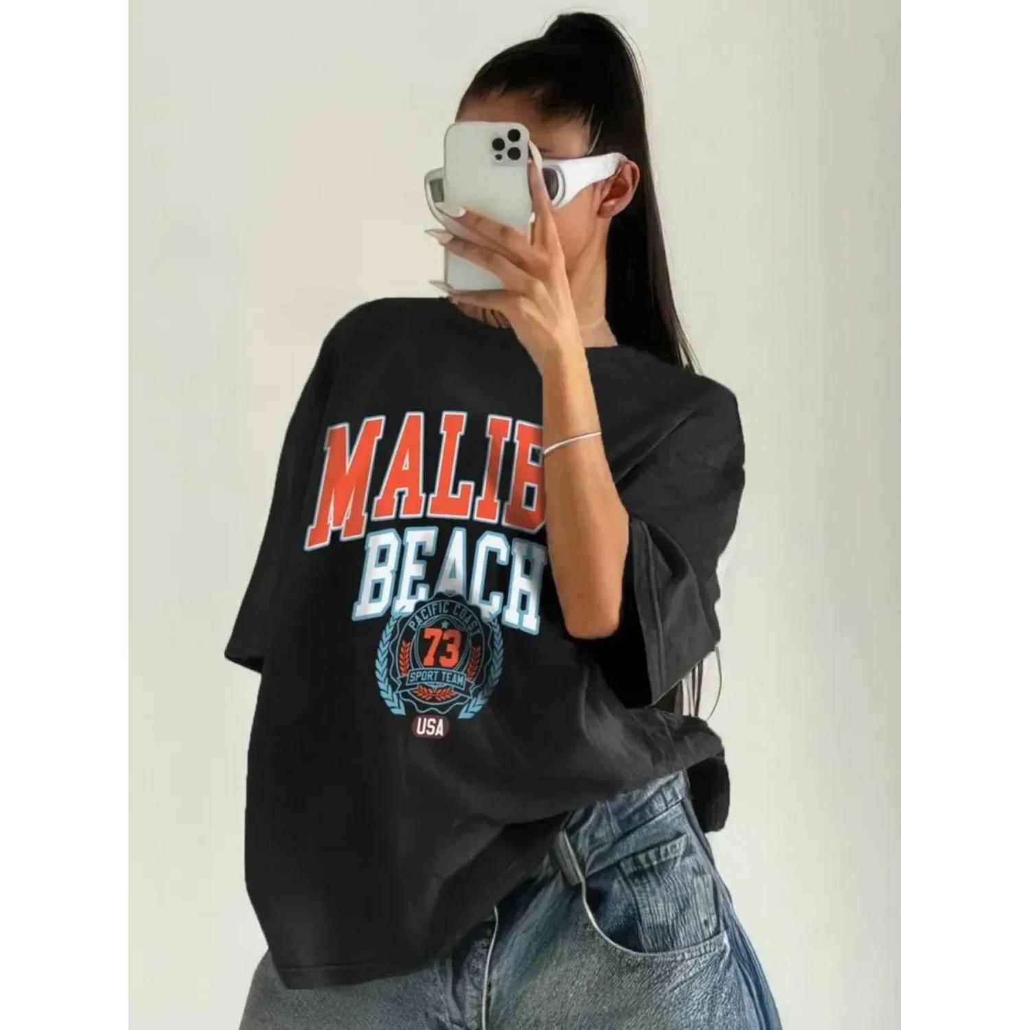 

Malib Beach USA Sport Team Print T-Shirt Womens Hip Hop Cotton Tee Shirts Y2K Soft Comfortable Top Multicolor Hip Hop Clothes S чёрный