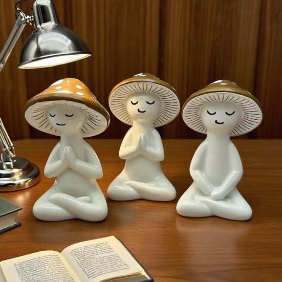 3Pcs/Set Meditation Mushroom Statue Sitting Mushroom Man Figurine Resin Sculpture Home Office Desktop Decoration Ornament