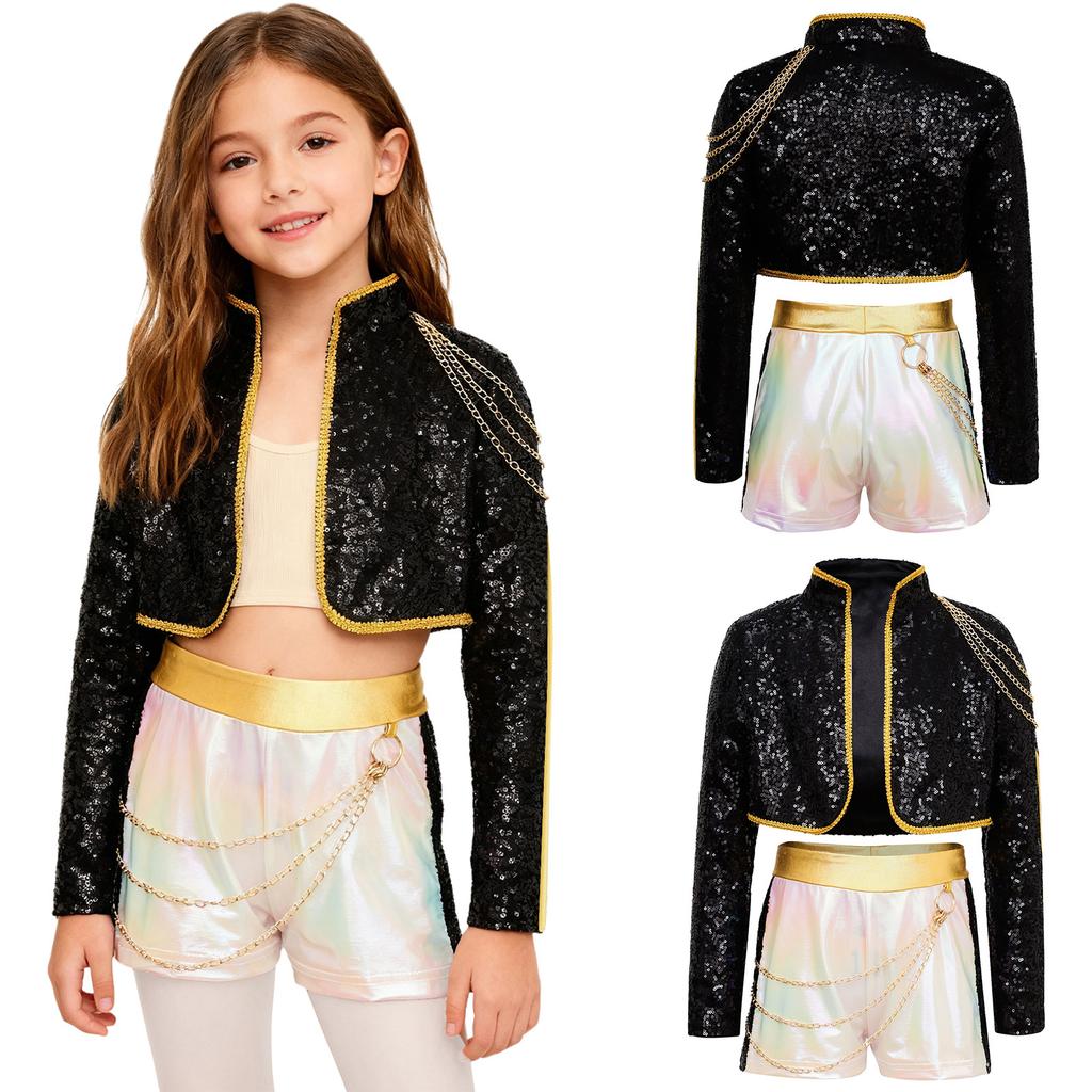 Kids Girls Demon Singer Leader Dancewear 2 Piece Set Sequins Jacket Crop Top with Shorts Concert Outfit