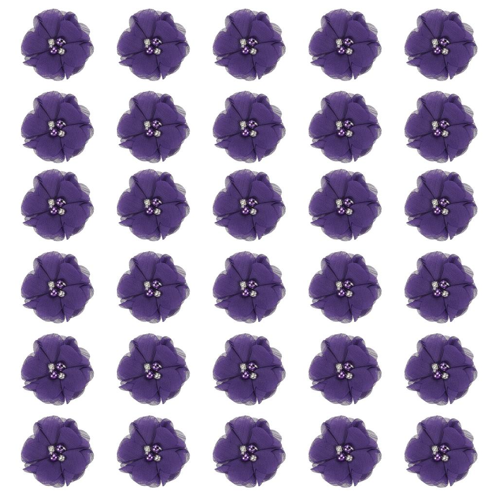 12/30pcs Chiffon Flowers Rhinestone Pearl Sewing Fabric Flowers Artificial Appliques Embellishment for Clothing Wedding Craft 2"