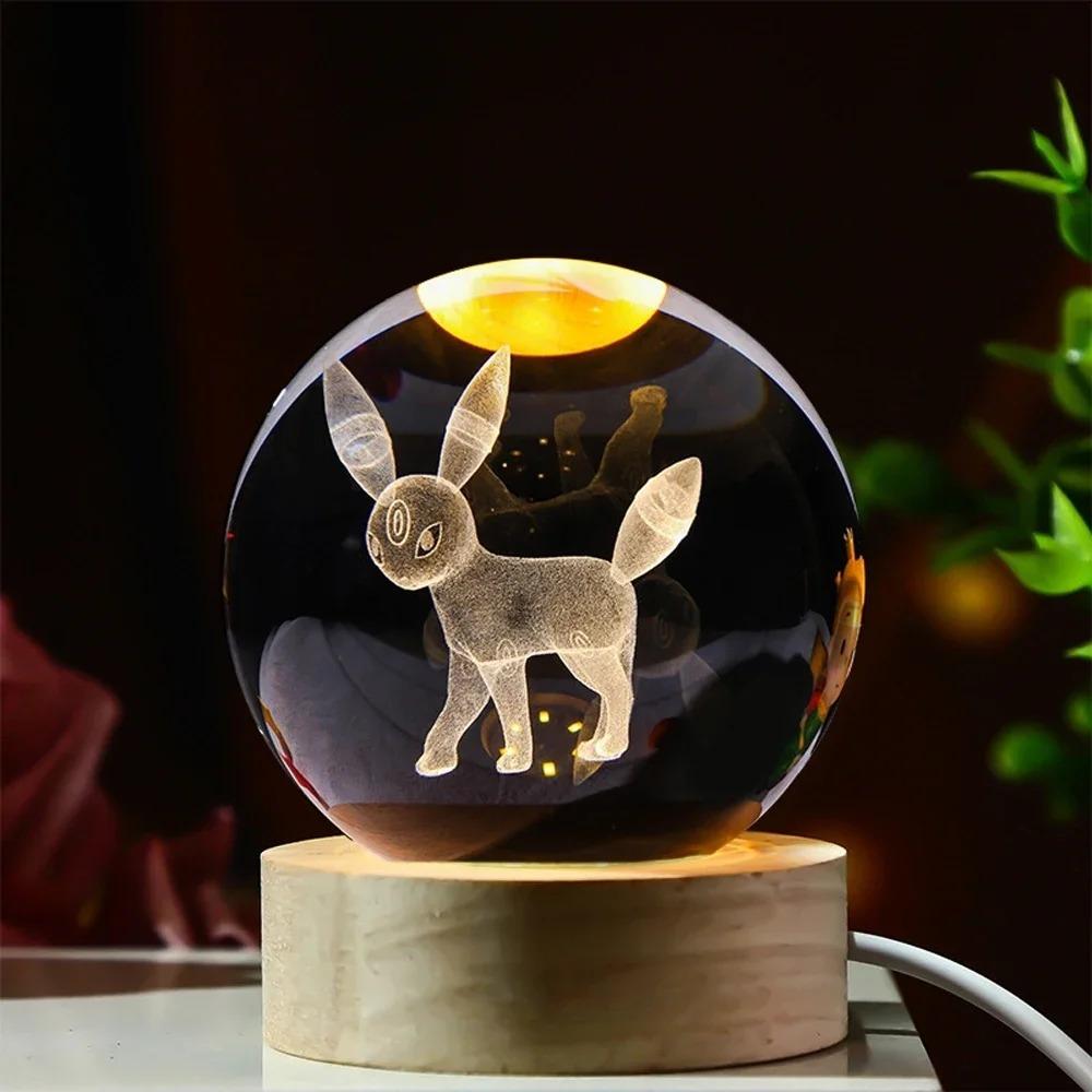 Hot 6cm 3D Crystal Ball Stitch Pikachu Wooden Base with 6cm Crystal Ball Planet Night Light Laser Carving Children's Gifts