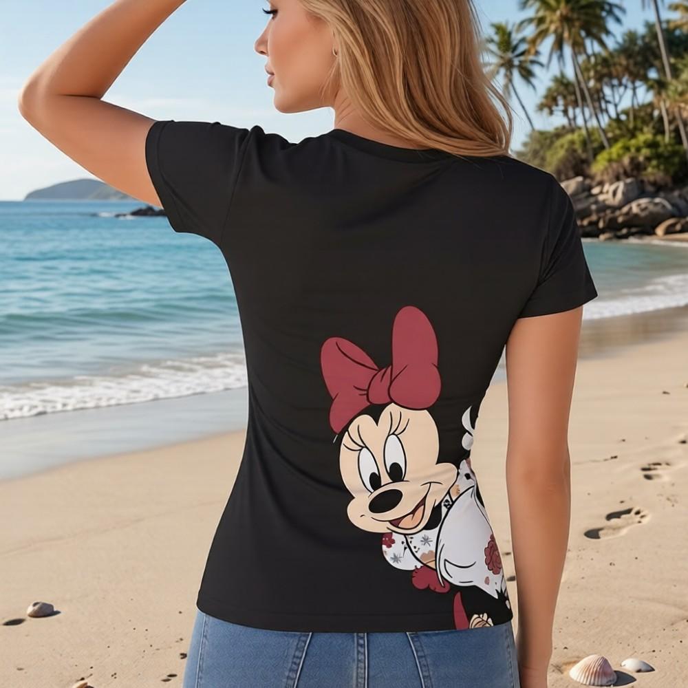Disney Minnie Mouse Kawaii Women's T-shirt Summer Female Clothing V-neck Polka Dot Short Sleeve 3D Print Fashion Y2K T-shirts