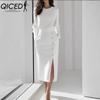 Moda feminina outono inverno cor sólida estampa manga comprida gola redonda vestidos casuais
