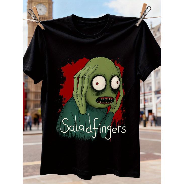 Men S Funny Salad Fingers Graphic T-Shirt - with Green Monster Eyes And Red Dripping Fingers Print, Casual Short Sleeve Round Neck Tee for Casual S чёрный