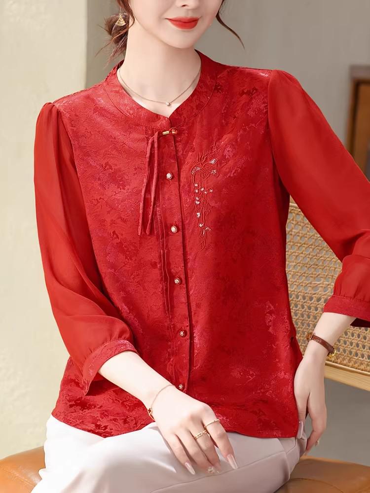 Mom's Spring Seven-Sleeve Cardigan: New 2026 Chinese National Style Round Neck Shirt for Middle-Aged & Elderly Women