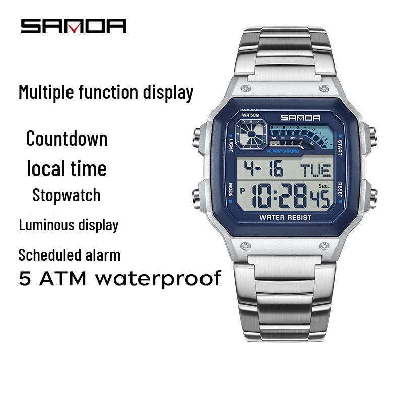 Sanda Men's Outdoor Sports Electronic Watch - Multifunctional, Waterproof, with Countdown and Snooze Feature.
