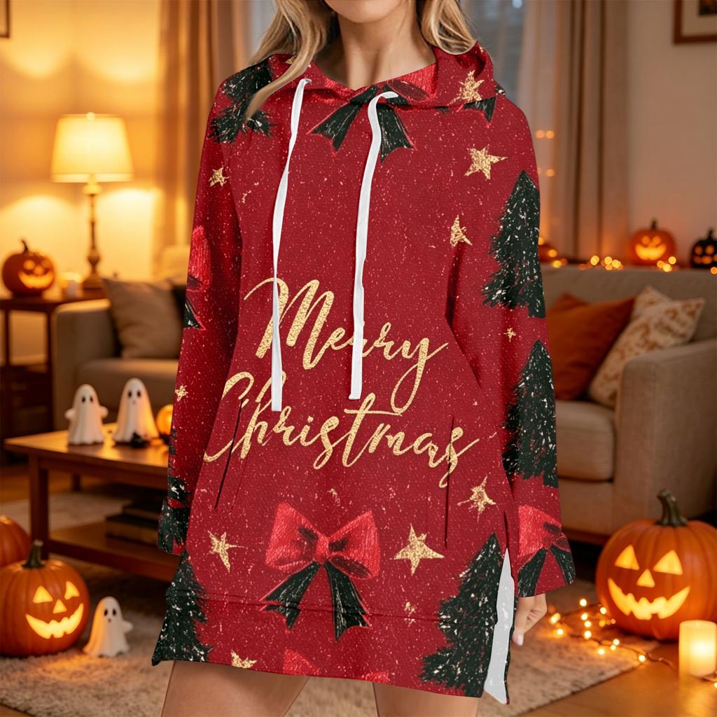 Kadın Uzun Kollu Noel Baskılı Kapüşonlu Sweatshirt Günlük Pullover Üst