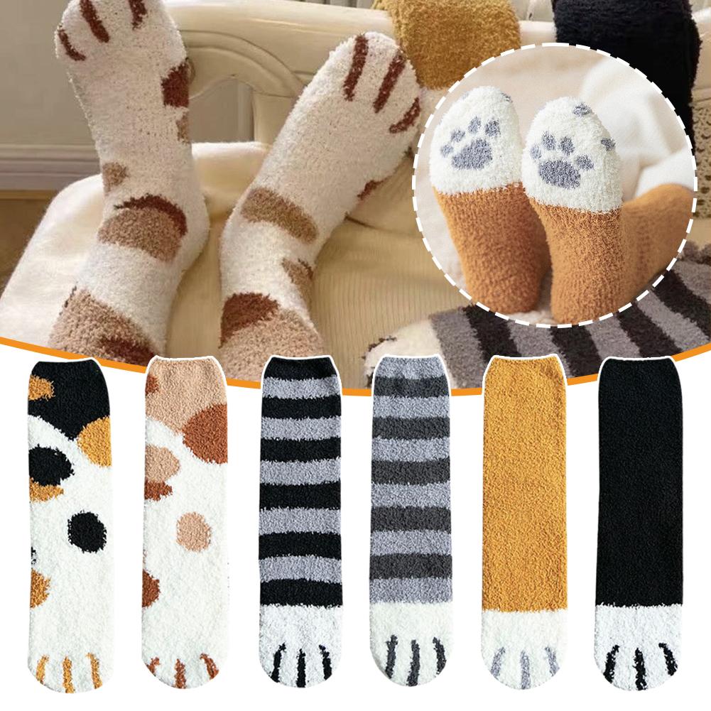 Plush Winter Funny Cute Style Animal Cat Paw Cartoon Pattern Women Cotton Socks Super Soft For Female House Sleeping Floor Sox