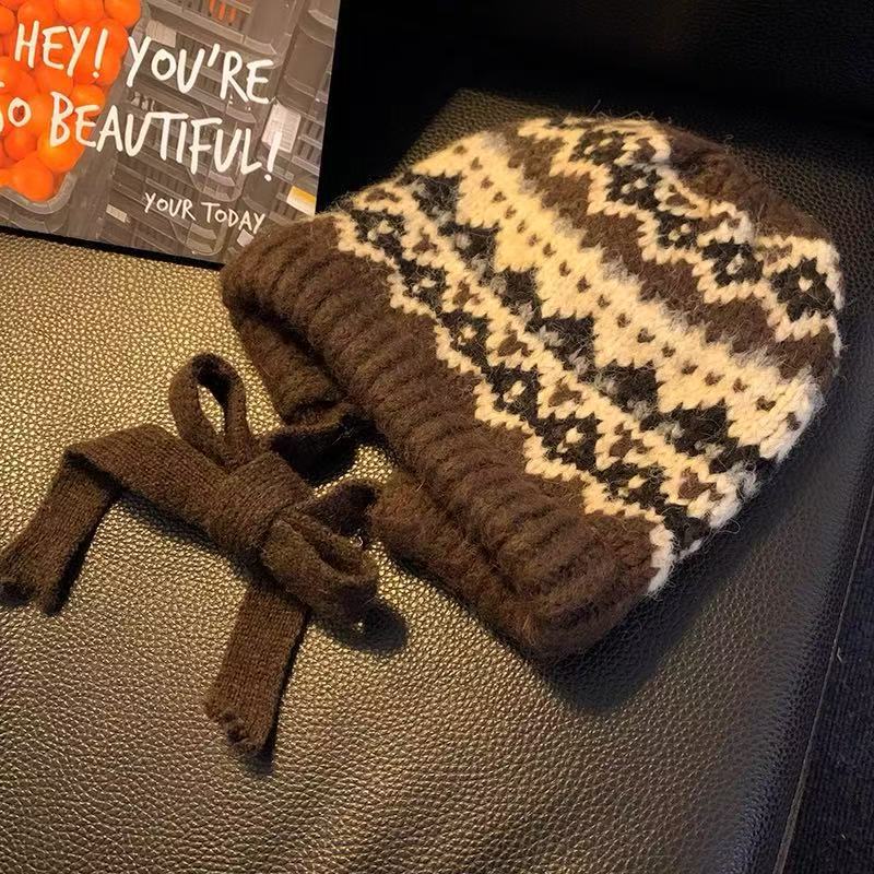 Sweet warm knitted straps rainbow hat women's new autumn and winter ear protection pullover hat
