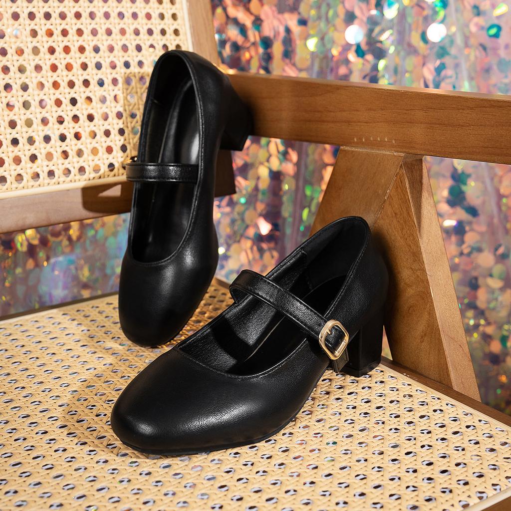 Soft PU Leather Women's Mid Heel Pumps Buckle Straps Fashion Shoes for Women Elegant Daily Wear Office Ladies Comfortable Shoes