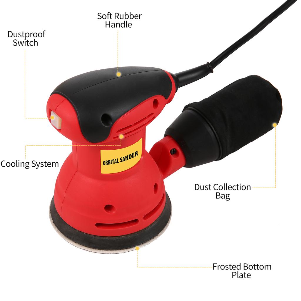 Orbital Sander, 5INCH 125MM 12600RPM  Random Orbital Sander, 12Pcs Sandpapers, Efficient Dust Collector, Idl for  , Sanding Down & ing Wood red