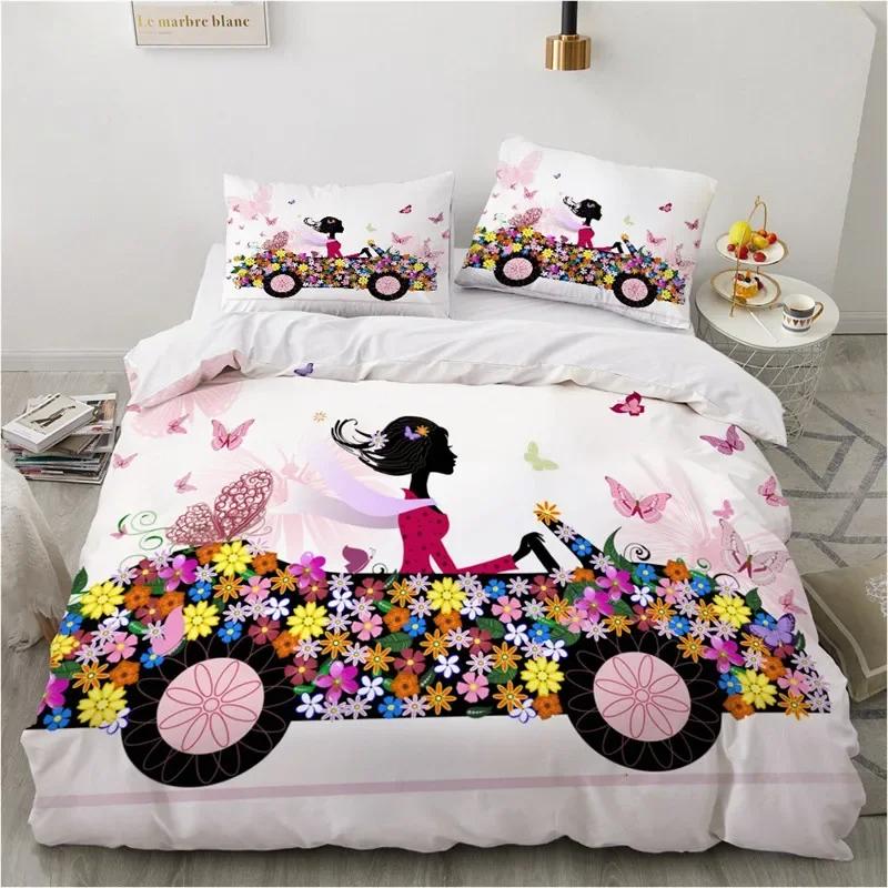 Girly Buterfly Soft Duvet Cover Lovely Pink Flower Fairy featuring Wings Beding Set Microfiber Romantic Warm Comforter Cover King Quen Sized Dimension