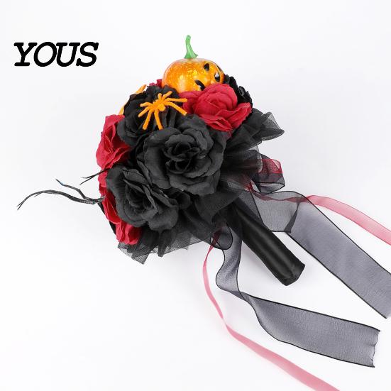 Halloween Flower Bouquet Wedding Bouquets for Bride And Bridesmaid, Gothic Artificial Bouquet, Cobweb Arrangement Black Rose Blooms Fake Centerpiece,