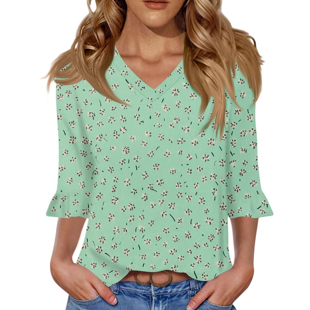 Women's Casual 3/4 Sleeve Tops V-Neck Sleeve T-Shirt Floral Print Tops