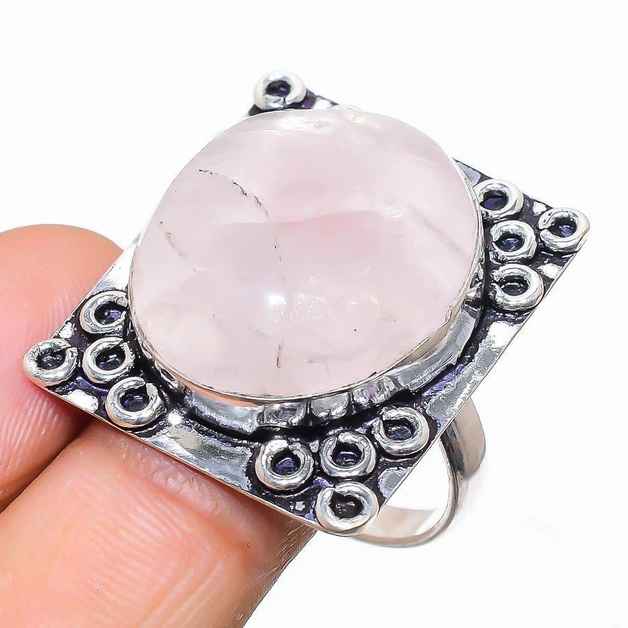 Rose Quartz Gemstone Handmade 925 Sterling Silver Jewelry Ring Size 12 SU-7144