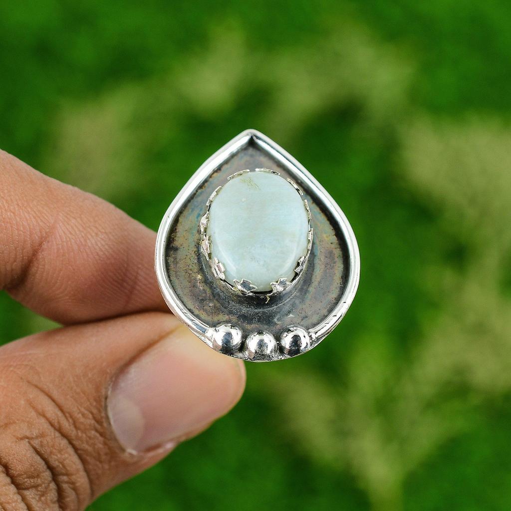 Birthday Gift For Her Natural Larimar Statement Adjustable Ring 925 Silver