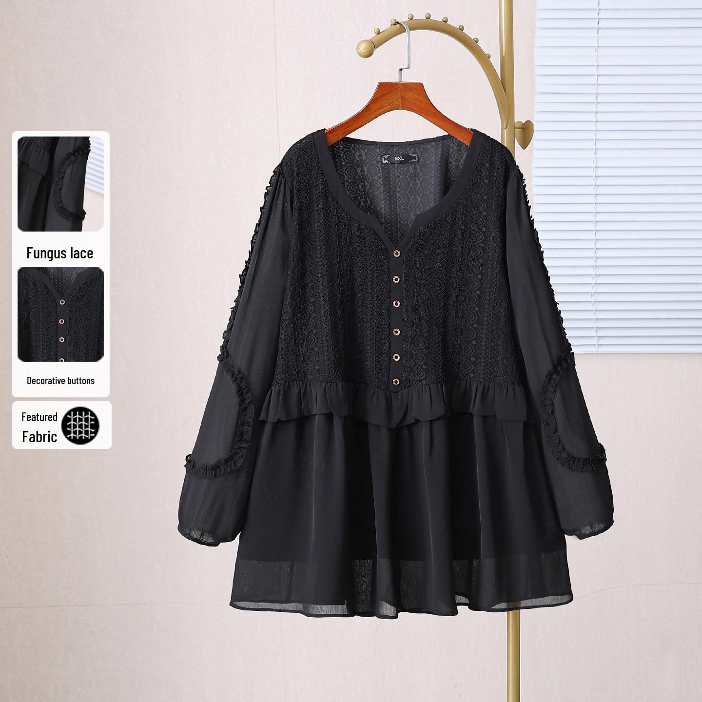 

Extra-Large Women s V-Neck Long Sleeve Chiffon Top - Spring/Autumn Slimming, Flattering Fashion for Plus Size 7XL (200-220 jin) чёрный