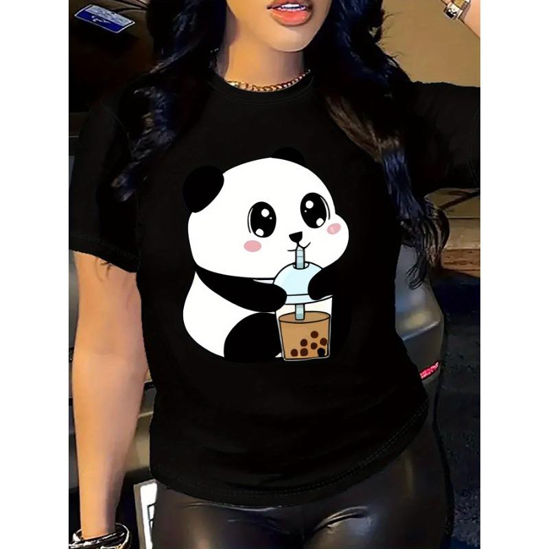 European Sizes Relaxed Fit Women's Casual Short-Sleeve T-Shirt | 100% Polyester, Breathable, Machine Washable, Cute Panda & Boba Tea Graphic