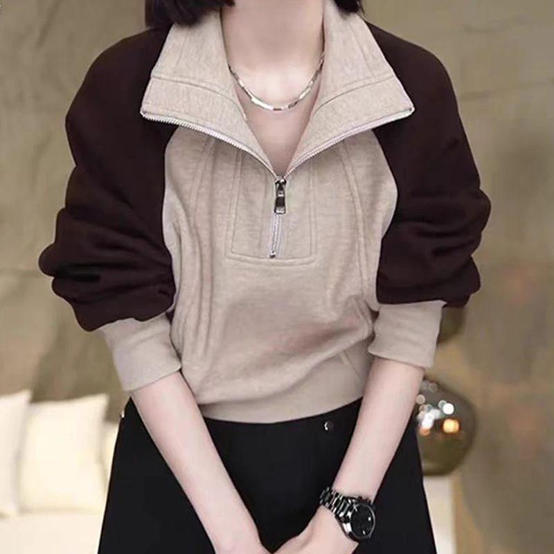 Half Zip Stand Up Collar Splicing Pullover Hoodie for Women's Autumn and Winter Fashion Short Top