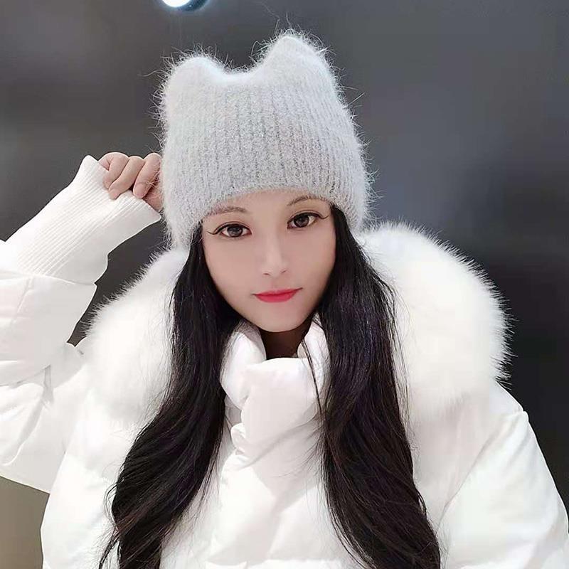 

Кошачьи ушки из кроличьего меха Универсальная модная шерстяная шляпа Теплая и холодная Корейская версия Трендовая милая и симпатичная Зимняя вязаная шапка 54-59cm