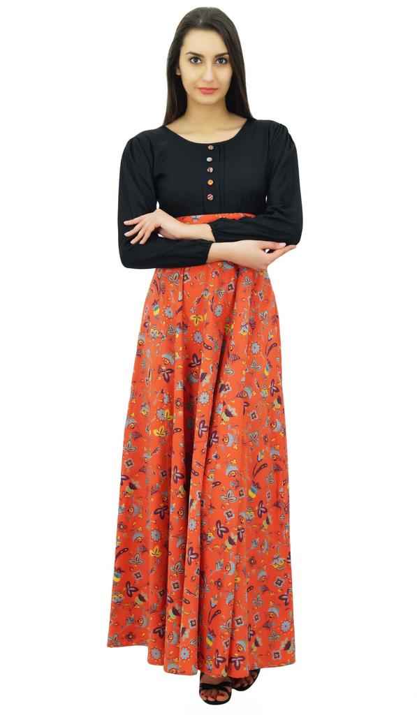 Bimba Women's Full-Sleeve Floral Round Neck Long Dress Boho Gothic Maxi