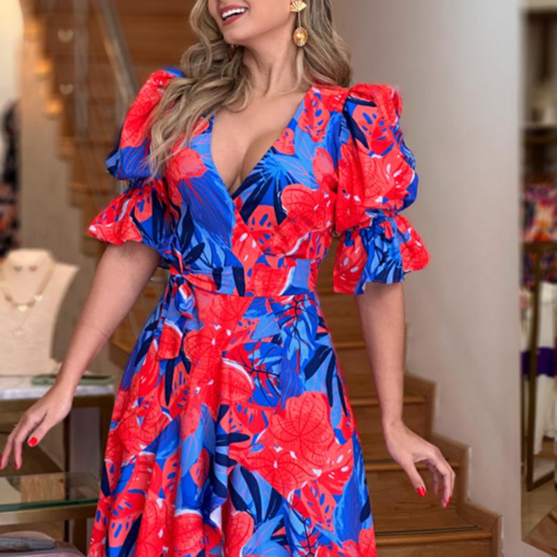 

Весна Новая Женская Одежда Элегантное Платье с V-образным вырезом и Принтом Необычного Кроя для Женщин 3XL