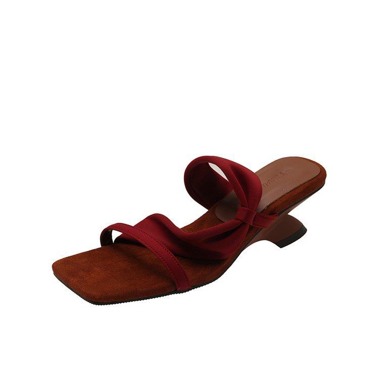 Color Matching Slope Heel Retro Spice Girl Style Slippers~ Square Head Suede One-word Slippers Female Summer and Korean Version Open-toed High-h