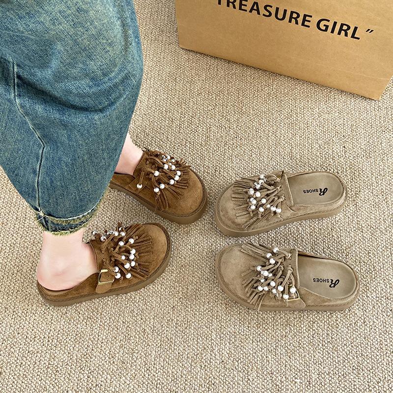 Big Head Pearl Bag Head Half Slippers Women's New Outer Wear Lazy Casual Single Shoes Platform Spring and Summer