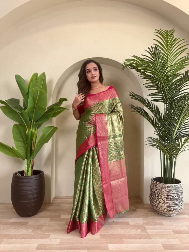 Women's Pure Tissue Silk Saree with Zari Weaving & Meena Work | Elegant Jaal Design | Contrast Running Blouse | Indian Wedding & Party Wear Saree