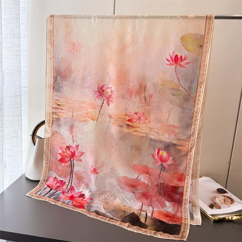 Literary style printing flower cutting spring and summer silk scarf large long scarf high sense travel shawl sun protection women's scarf headscarf
