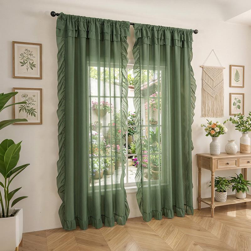 Cortina de Color Sólido Estilo Sencillo con Viento Borde de Hoja con Volantes Cortina Terminada Pantalla Fina Translúcida para Ventana