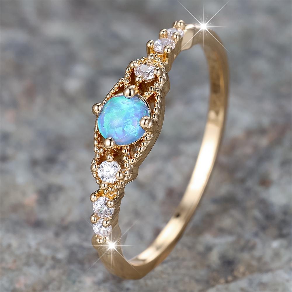 Blue Opal Small Round Stone Thin Engagement Rings For Women Vintage Gold Color White Zircon Wedding Band Birthstone Jewelry Gift