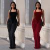 Women Square Neck Sleeveless Draped Maxi Dress Solid Color Elegant Evening Formal Dress