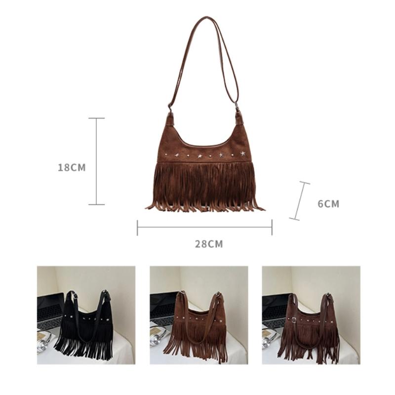 Retro Frosted Suede Tassel One Shoulder Bag Women Autumn Winter Vintage Rivet Zipper Large Capacity All-Match Crossbody Bags