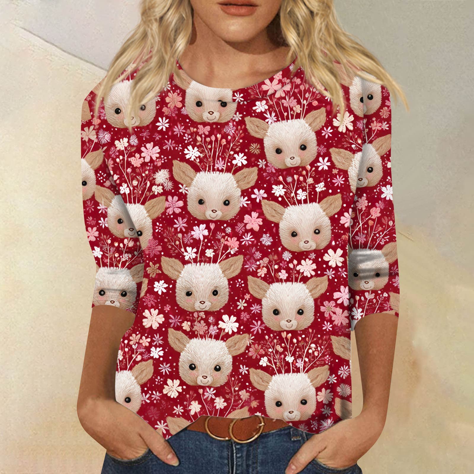 

Женская модная повседневная свободная футболка с круглым вырезом и рукавами 3/4 с принтом, женский топ XL арбуз красный