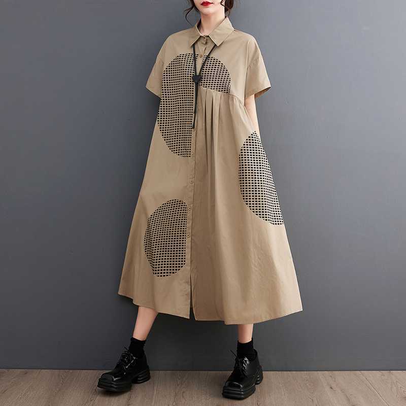 Loose Plus Print Medium Long Artistic Retro Short Sleeved Shirt Dress