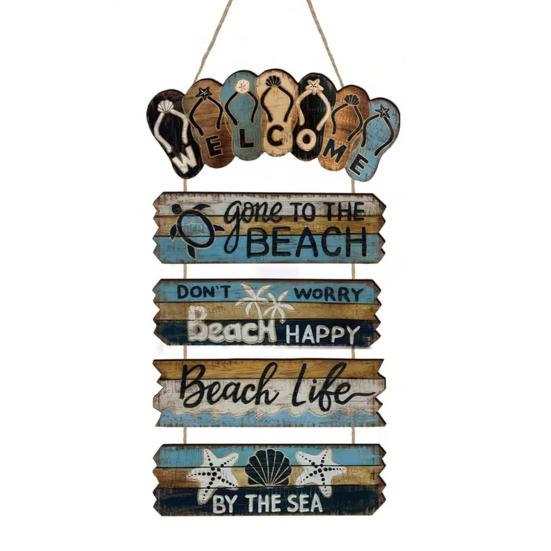 Wood Flip Flop Beach Sign, Hanging Coastal Welcome Door Sign, Vintage Rustic Farmhouse Wall Plaque for Front Door, Porch, Balcony, Summer Decor