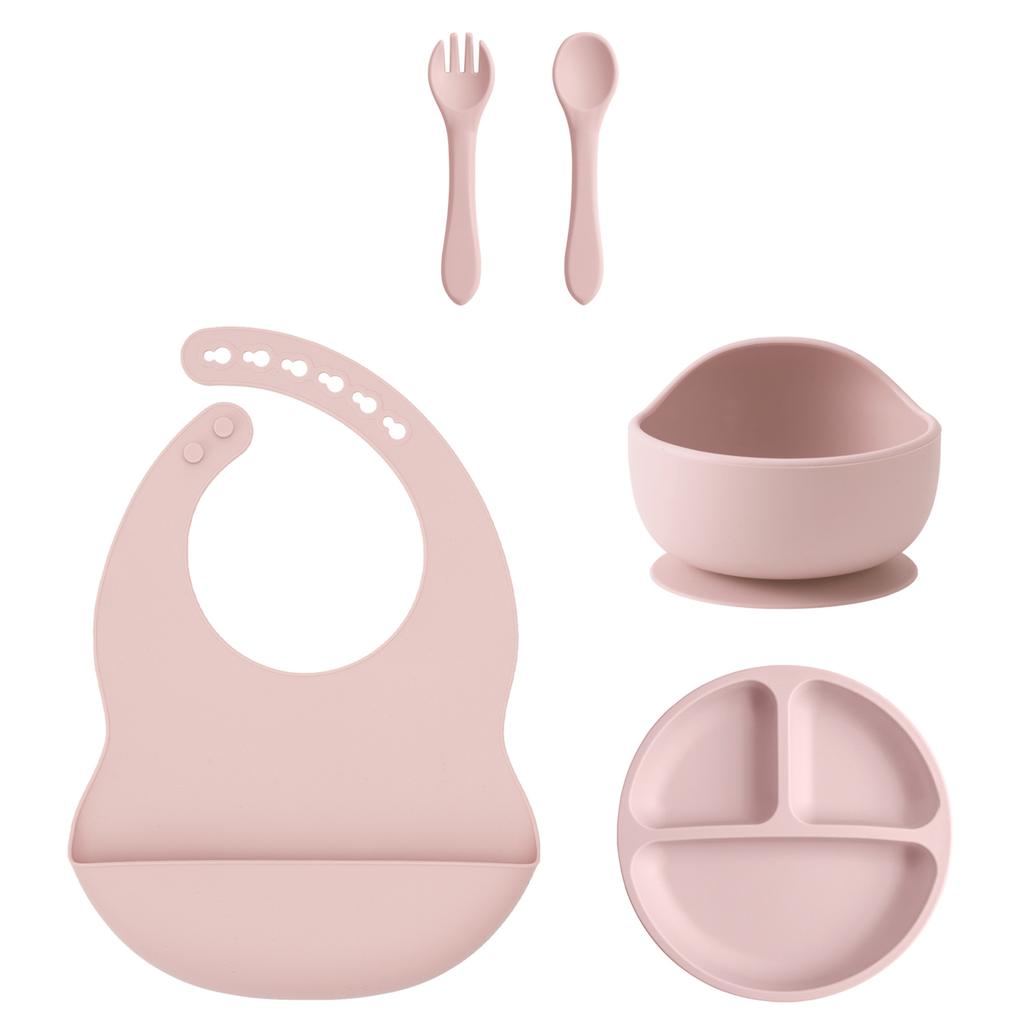 Color Kids 5-teiliges Silikon Baby Fütterungsset Saugteller Teller BPA-frei Saug-Schüssel Lätzchen Löffel Gabel Trainingsgeschirr Geschenkset
