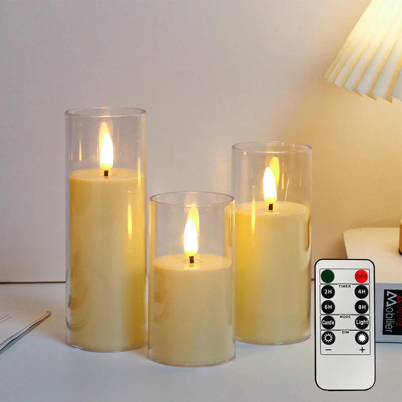 LED Electronic Candles Light Remote Control Timer Flicker Flameless Lamp Clear Acrylic Battery Powered Wedding Party Christmas