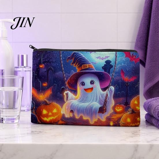 Durable Zipper Bag Halloween Storage Bag, with Colorful Cartoon Ghost Print, Canvas Trendy Makeup Large Capacity Lightweight Travel Toiletry Thick