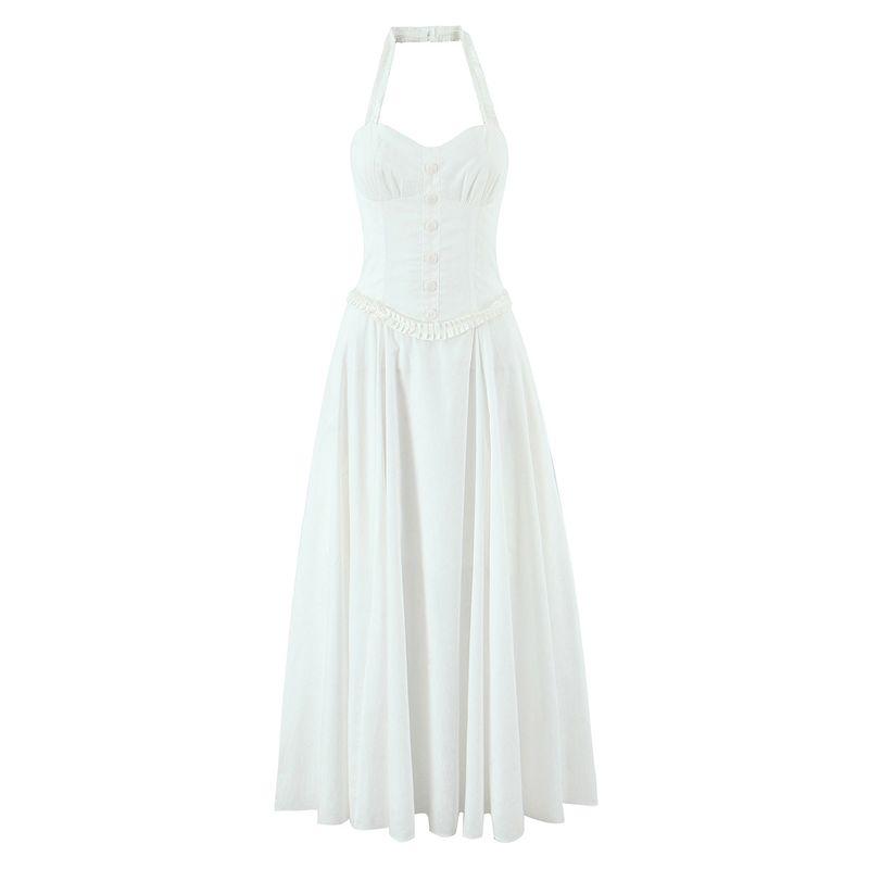 Sweet White Moonlight House Same Style French Style Sweet Romantic Lace Design Sense Elegant Hanging Neck Waist Hugging Dress